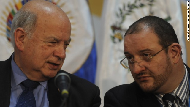 Organization of American States' (OAS) Secretary General Jose Miguel Insulza (L) and Guatemalan Minister of Foreign Affairs Luis Fernando Carrera deliver a press conference in Guatemala City on June 3, 2013, a day before a meeting of the OAS. 
