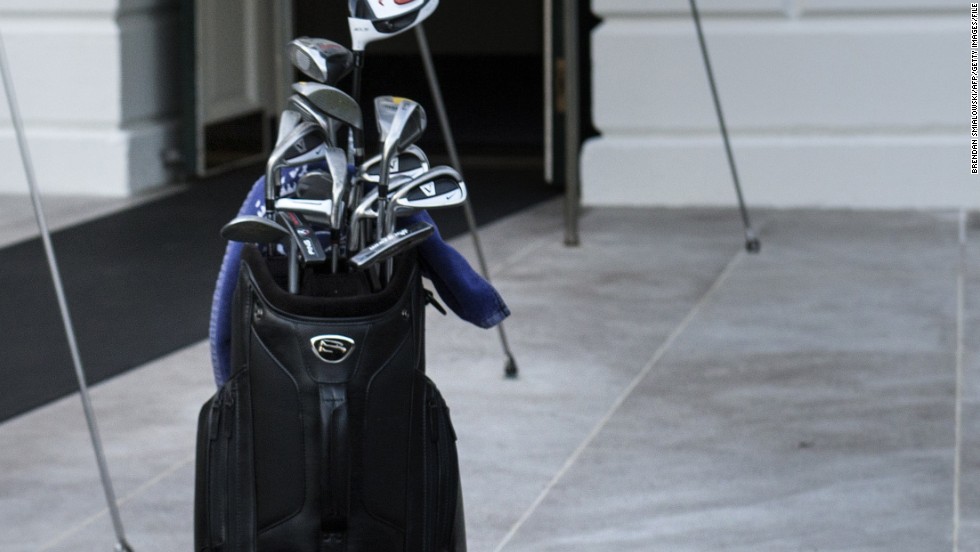 Obama spent the weekend after his re-election in 2012 playing golf at Andrews Air Force Base in Washington. His clubs are seen here in front of the entrance to south portico of the White House, with the number 44 stitched into the bag representing his place in the line of U.S. presidents.