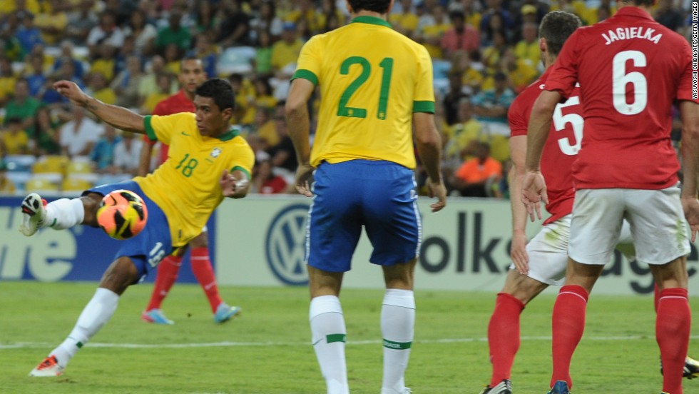 England was Brazil&#39;s first opponent at a refurbished Maracana earlier this month. A half-volley from midfielder Paulinho, pictured, rescued a 2-2 draw for the 2014 World Cup host.