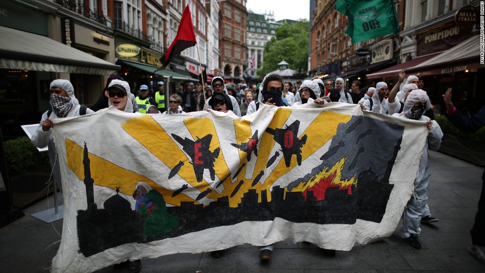 Arms trade protesters march toward Piccadilly on June 12 in London.