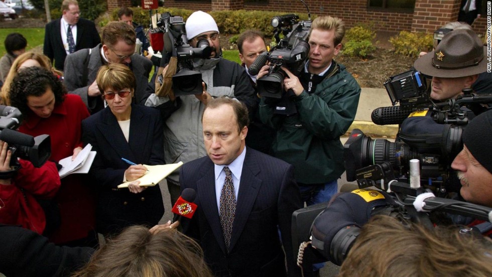 Muhammad&#39;s defense attorney Peter Greenspun updates the media outside the Prince William County Circuit Court, where Judge LeRoy F. Millette Jr. held a hearing on November 13, 2002.