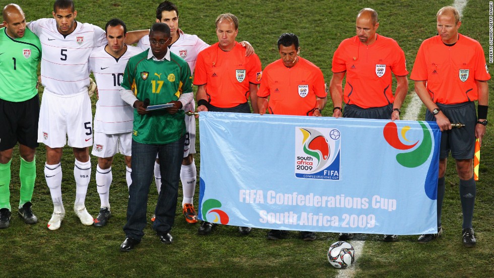 Marc-Vivien&#39;s son Marc Scott reads a speech during a homage to his late father prior to the 2009 Confederations Cup final in South Africa. 