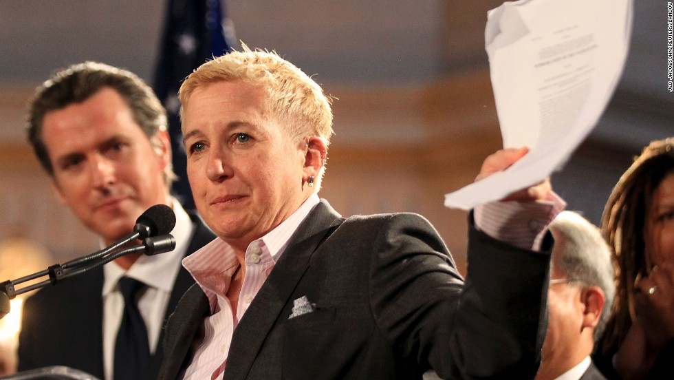 Therese Stewart, the lead attorney on the Proposition 8 case in California, speaks at City Hall in San Francisco after the Supreme Court paved the way for same-sex marriage in the state.