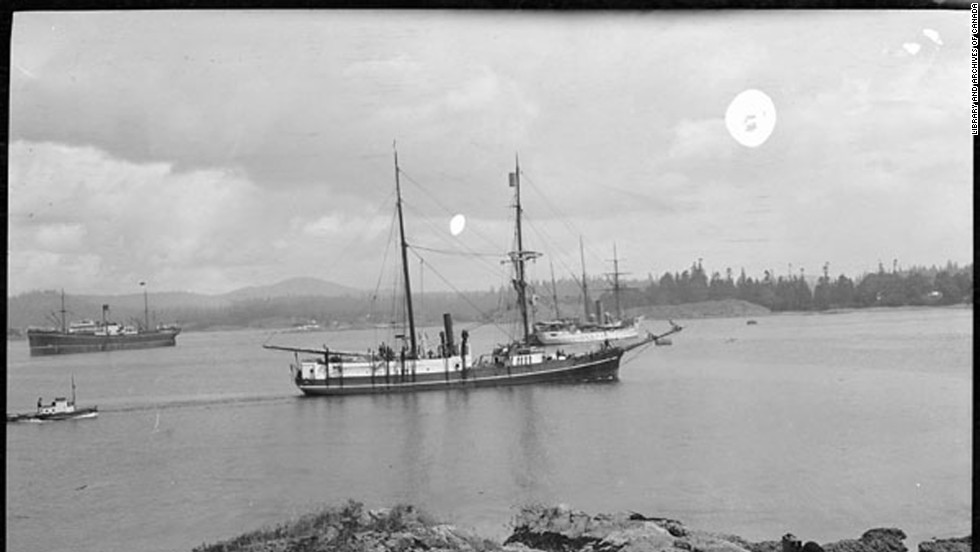 The Karluk was an aging 129-foot whaling ship bought by the Canadian government, seen here Esquimalt Harbor. When the expedition weighed anchor in Nome, Alaska, McConnell wrote to his sweetheart how thrilling it was to embark on the trip.