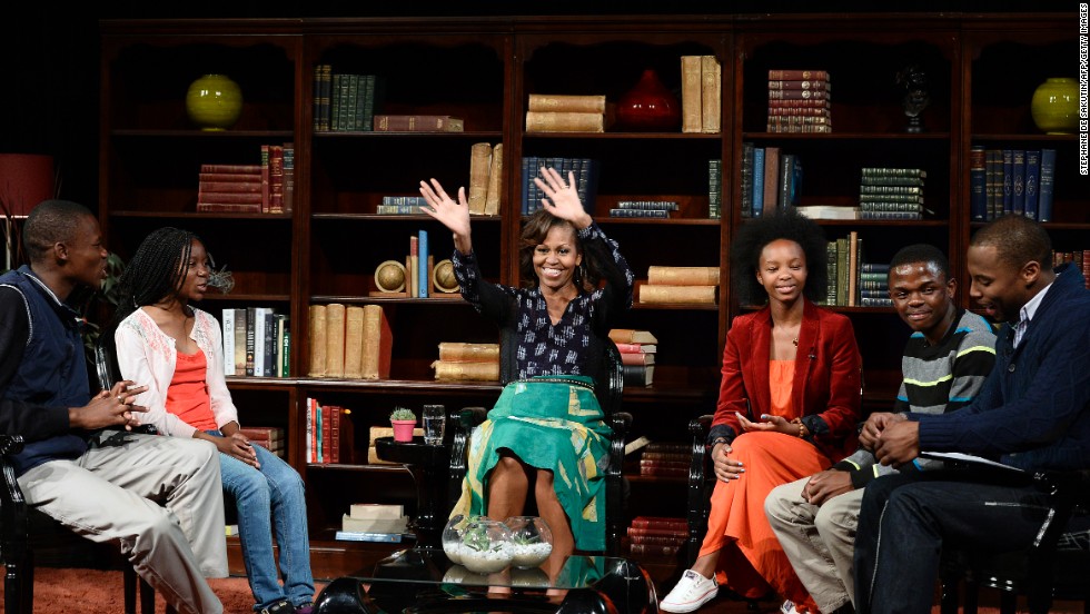Michelle Obama participates in a discussion with students on the importance of education June 29 at the Sci-Bono Discovery Centre in Johannesburg.