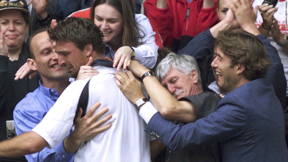 Ivanisevic climbed into his players&#39; box to celebrate with his team, which included his father Srdjan, second from right. Srdjan had recently undergone heart surgery. 