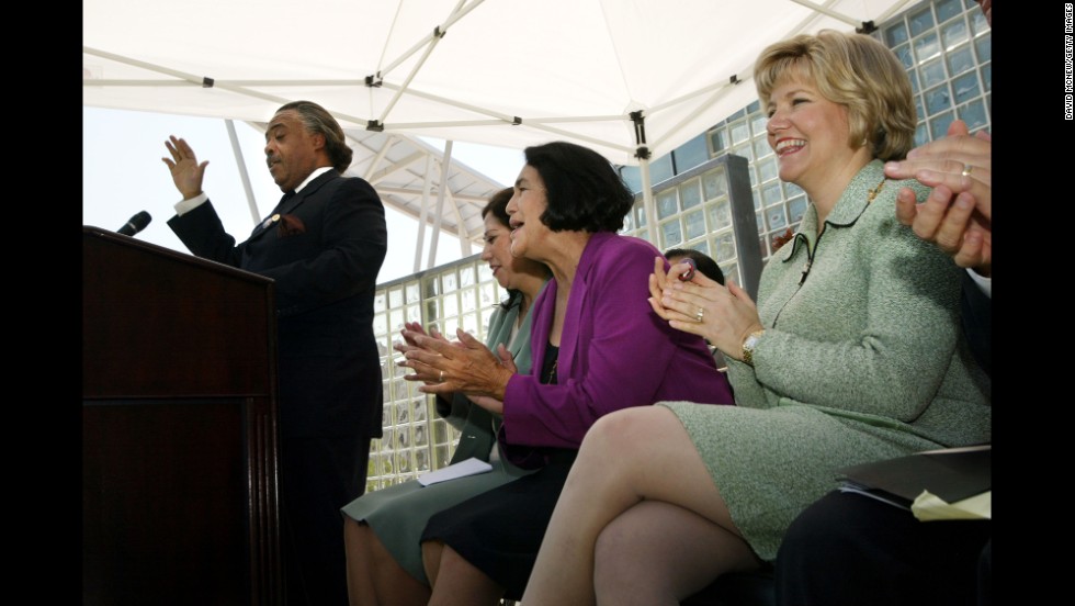 Huerta sits in 2003 with California first lady Sharon Davis, right, and Rep. Hilda L. Solis as democratic presidential hopeful the Rev. Al Sharpton speaks at a media conference at California State University in Los Angeles.