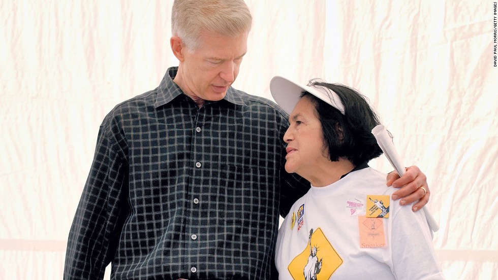 California Gov. Gray Davis shares a moment with Huerta after thousands of immigrants, union members and supporters marched down Market Street in San Francisco during a send-off event for the Immigrant Workers Freedom Ride, a national movement to build support for reform of U.S. immigration policy on September 20, 2003.