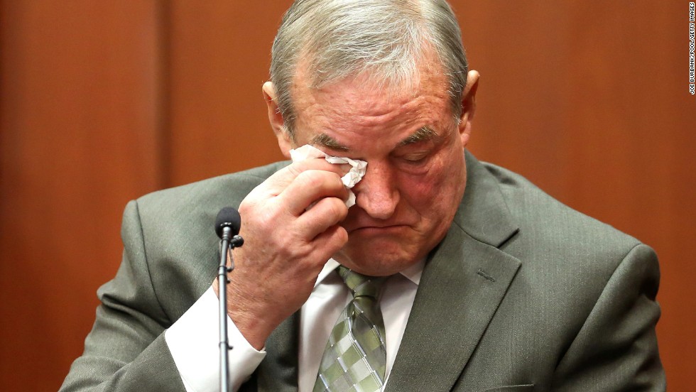 John Donnelly, a friend of George Zimmerman&#39;s, cries on the witness stand on Monday, July 8, in Sanford, Florida, after listening to screams on the 911 tape entered in evidence.
