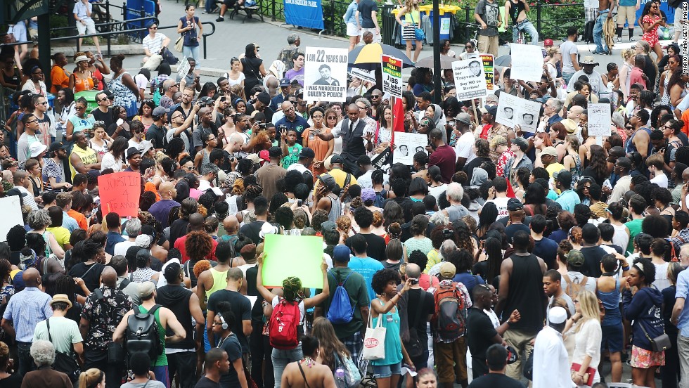 People gather at a rally honoring Trayvon Martin at Union Square in New York on July 14.