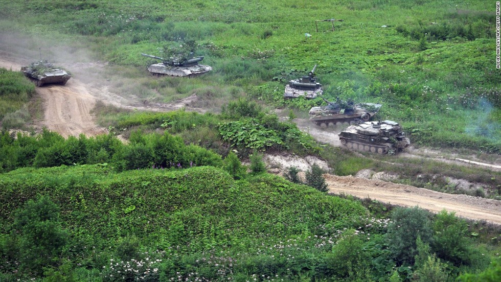 Russian tanks move across Sakhalin Island on July 16.