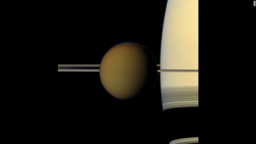 Cassini snapped this picture of Saturn&#39;s largest moon, Titan, passing in front of the planet.