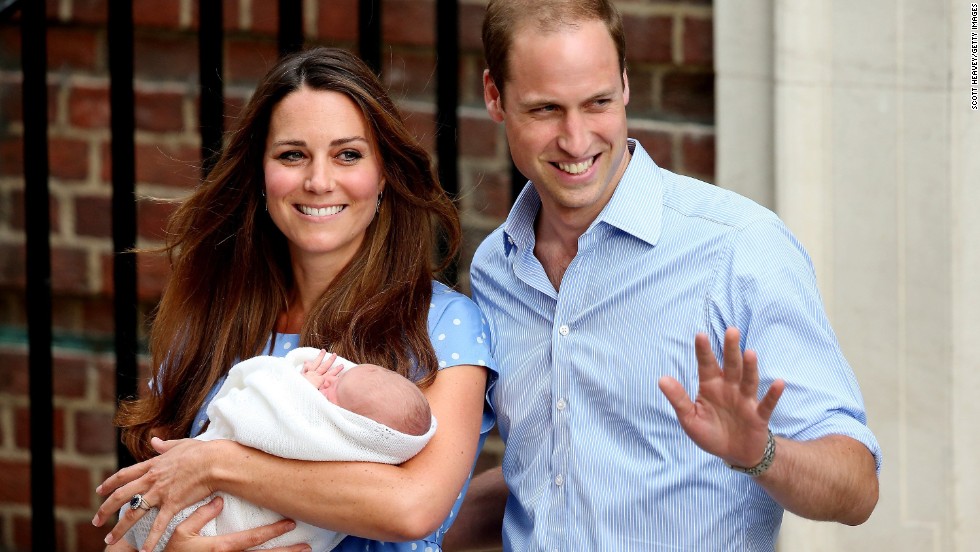 The Duke and Duchess of Cambridge depart St. Mary&#39;s Hospital in London with newborn George on July 23, 2013. He was born the previous day at 4:24 p.m., and he weighed 8 pounds and 6 ounces.