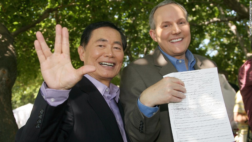 George Takei: Best known for his role as Mr. Sulu in &quot;Star Trek,&quot; he has become known for his work supporting same-sex marriage after announcing that he was gay in 2005 and marrying longtime partner Brad Altman in 2008.