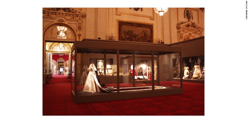 The ballroom with the gown and other artefacts on display.