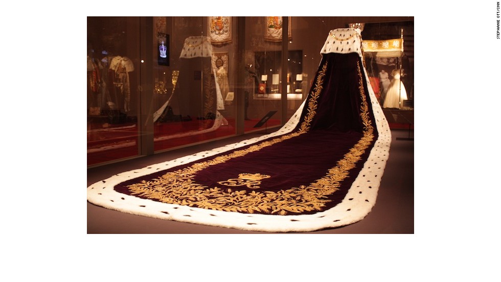 The tail of the purple velvet robe that the queen wore on her way to Buckingham Palace.