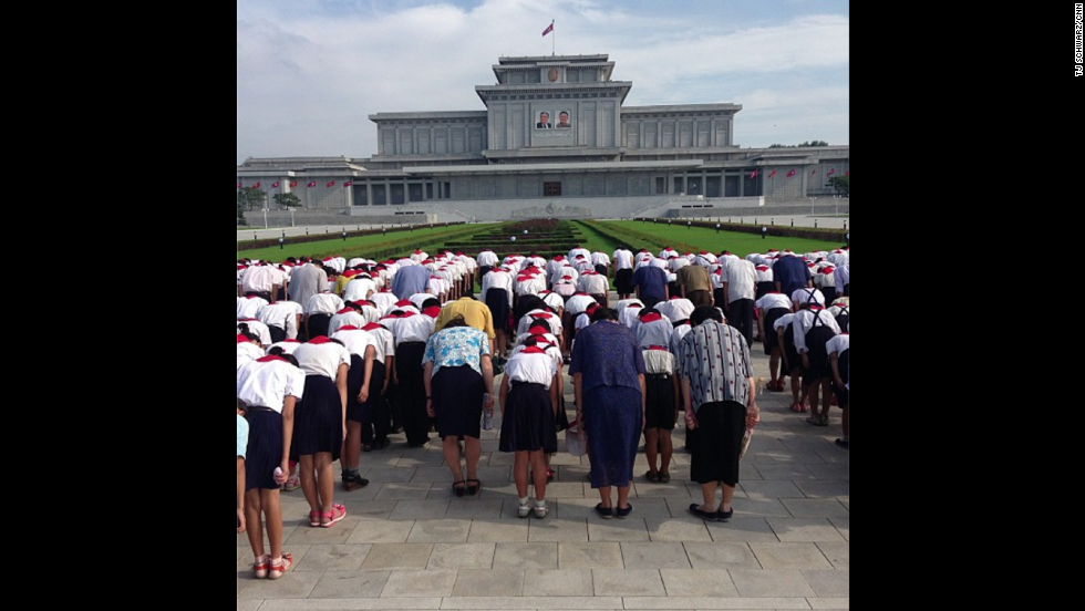 Schoolchildren pay their respects at Pyongyang&#39;s &lt;a href=&quot;http://instagram.com/p/cLmS-gBqO3/&quot; target=&quot;_blank&quot;&gt;Kumsusan Palace of the Sun&lt;/a&gt;, where Kim Il Sung and Kim Jong Il lie in state in glass coffins.