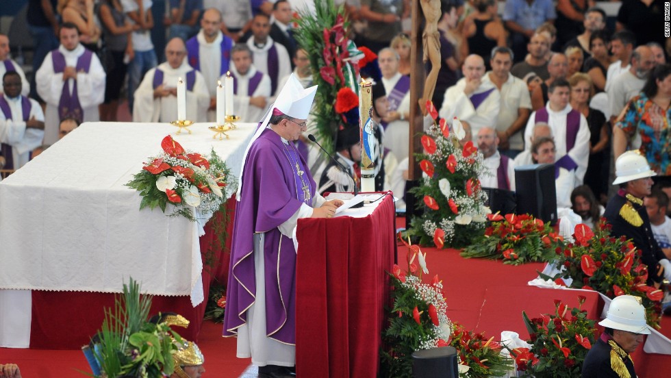 Gennaro Pascarella, the local bishop, addresses the funeral in Pozzuoli on July 30.
