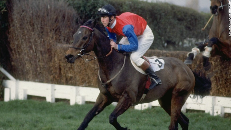 Also a keen horseman, Charles is pictured here taking part in a steeplechase event in 1990. 