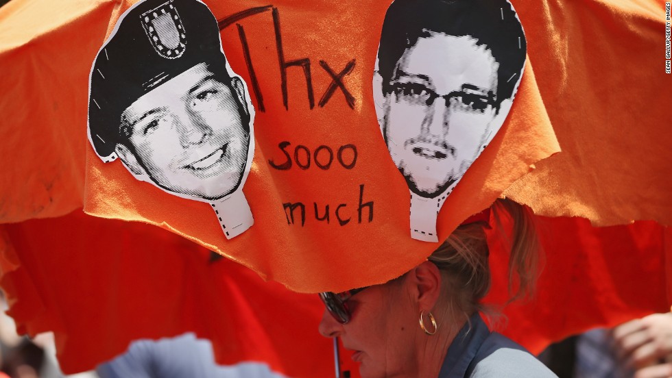 Demonstrators in Berlin hold a protest march on Saturday, July 27, in support of Snowden and WikiLeaks document provider Bradley Manning. &lt;a href=&quot;http://www.cnn.com/2013/08/01/us/snowden-manning/index.html&quot;&gt;Both men have been portrayed as traitors&lt;/a&gt; and whistle-blowers. Manning was acquitted on July 30 on the most serious charge of aiding the enemy, but he was convicted on several other counts and likely faces a lengthy term in a military prison.