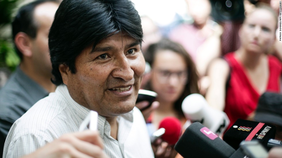 Bolivian President Evo Morales holds a news conference at the Vienna International Airport on July 3. He angrily denied any wrongdoing after his plane was diverted to Vienna and said that Bolivia is willing to give &lt;a href=&quot;http://www.cnn.com/2013/07/06/world/snowden-asylum-options/index.html&quot;&gt;asylum to Snowden&lt;/a&gt;, as &quot;fair protest&quot; after four European countries restricted his plane from flying back from Moscow to La Paz.
