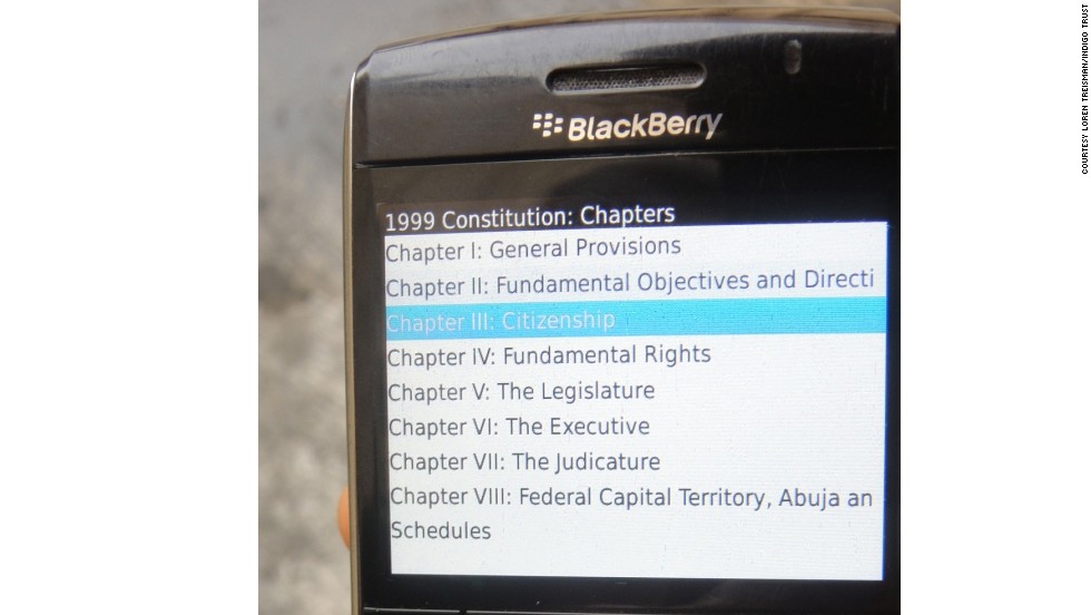 Also in Nigeria, a simple application created by developer Pledge 51 enables citizens to access their constitution by mobile phone.