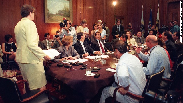 WASHINGTON, : US Attorney General Janet Reno arrives to speak to a crowd of reporters at the US Department of Justice 03 September, 1999 where she announced that she will name an independent investigator outside the Justice Department to look into questions surrounding the FBI's 1993 assault on the Branch Davidian compound near Waco, Texas. Reno's announcement comes in the wake of recently released FBI video tapes on which permission is given to fire and incindiary grenade that may have caused the fire that killed 80 Branch Davidians including their leader David Koresh. AFP PHOTO/ JOYCE NALTCHAYAN (Photo credit should read JOYCE NALTCHAYAN/AFP/Getty Images)