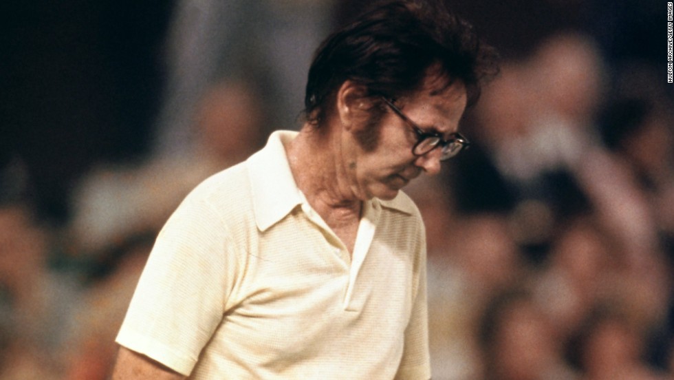 The 55-year-old Bobby Riggs cuts a forlorn figure as he slips to defeat against King in the famous &quot;Battle of the Sexes&quot; at Houston in 1973. 