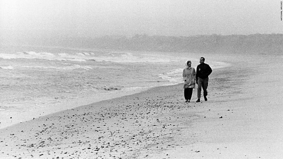 President Richard Nixon and his wife, Pat, walk along the beach in San Clemente, California, in 1971. 