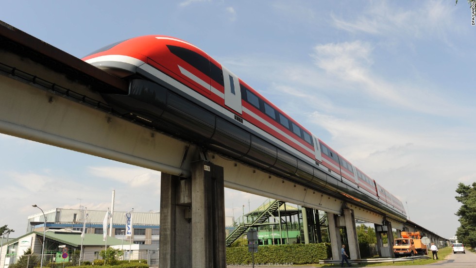 The new maglev train Transrapid TR 09 pictured on the test track in Lathen, Germany in 2008, hits a top speed of 279 mph.