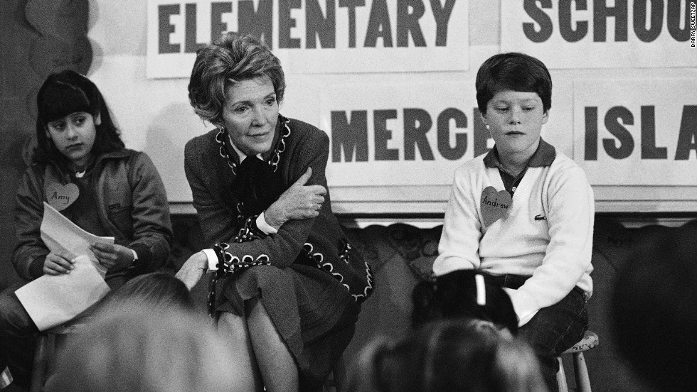 First lady Nancy Reagan participates in a drug education class at Island Park Elementary School on Mercer Island, Washington, on February 14, 1984. She later recalled, &quot;A little girl raised her hand and said, &#39;Mrs. Reagan, what do you do if somebody offers you drugs?&#39; And I said, &#39;Well, you just say no.&#39; And there it was born.&quot; She became known for her involvement in the &quot;Just Say No&quot; campaign.