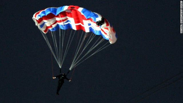 Mark Sutton as James Bond parachutes out of a helicopter during the Opening Ceremony of the London 2012 Olympic Games.