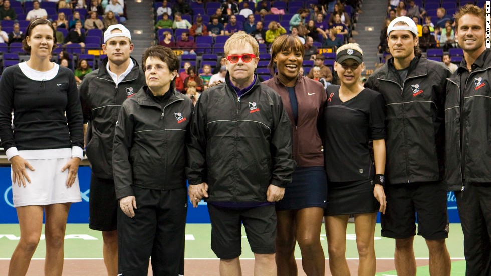 King is joined by Lindsay Davenport, Andy Roddick, Elton John, Serena Williams, Anna Kournikova, Tommy Haas and Jan-Michael Gambill at a World Team Tennis charity day. 