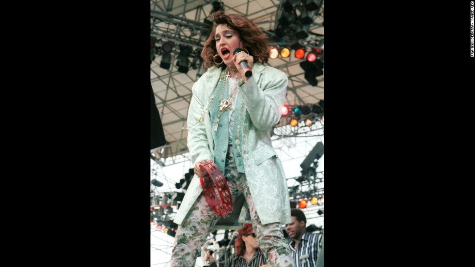 The Material Girl performs to a sold-out crowd during the Live Aid concert in Philadelphia on July 13, 1985. 