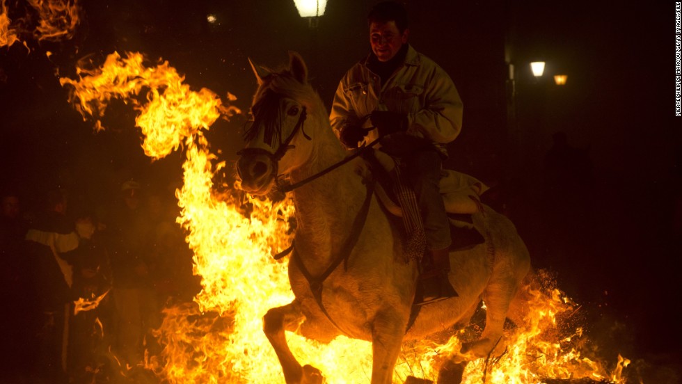 It might look like the Four Horsemen of the Apocalypse, but these horses leaping over bonfires in San Bartolome de Pinares are part of St Anthony&#39;s Day eve celebrations. It is believed the animals are purified and protected during the controversial ritual.