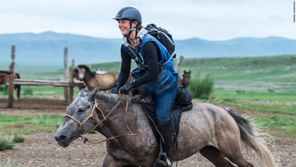 Lara Prior-Palmer, a 19-year-old from Hampshire in England, speeds out of one of the urtuus after swapping horses.