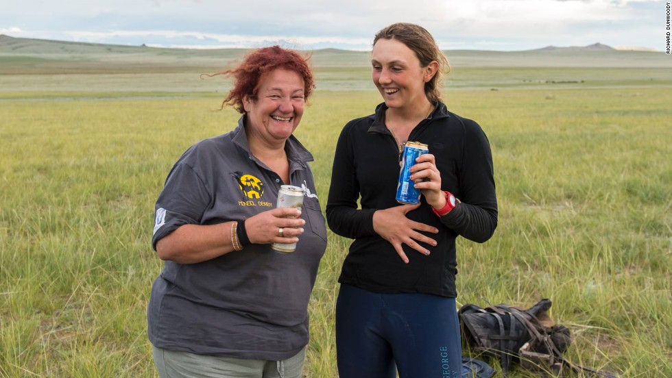 There&#39;s no champagne for Prior-Palmer at the finish, but she is able to enjoy a hard-earned beer.