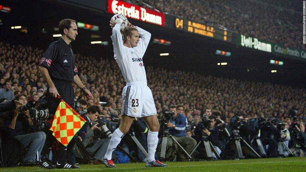 Football star and fashion icon David Beckham swapped Manchester United for Real in 2003. After four years in the Spanish capital, Beckham headed to the United States, joining the Los Angeles Galaxy.&lt;br /&gt;&lt;br /&gt;&lt;br /&gt;&lt;br /&gt;BARCELONA, SPAIN - DECEMBER 6: David Beckham of Real Madrid gets set for a throw in as he is closely watched by the media during the Spanish Primera Liga match between Barcelona and Real Madrid at the Nou Camp Stadium on December 6, 2003 in Barcelona, Spain. 