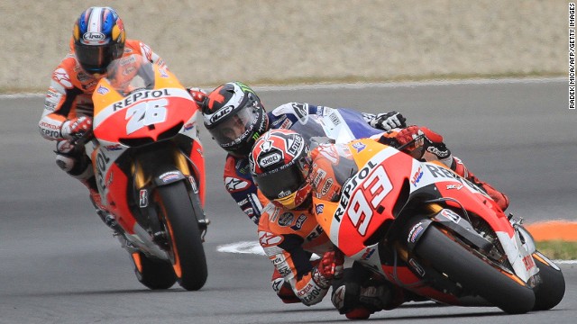 Honda rider Marc Marquez leads from Yamaha&#39;s Jorge Lorenzo at the Czech  Grand Prix in Brno. 