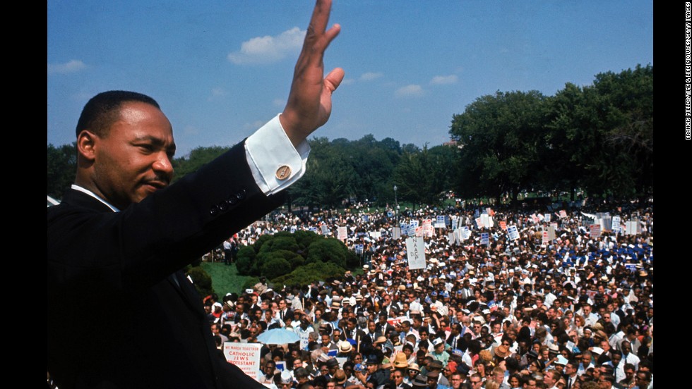 King addresses a crowd of demonstrators outside the Lincoln Memorial during the March on Washington for Jobs and Freedom in Washington on August 28, 1963. He delivered his famous &quot;I Have a Dream&quot; speech to more than 250,000 people. 