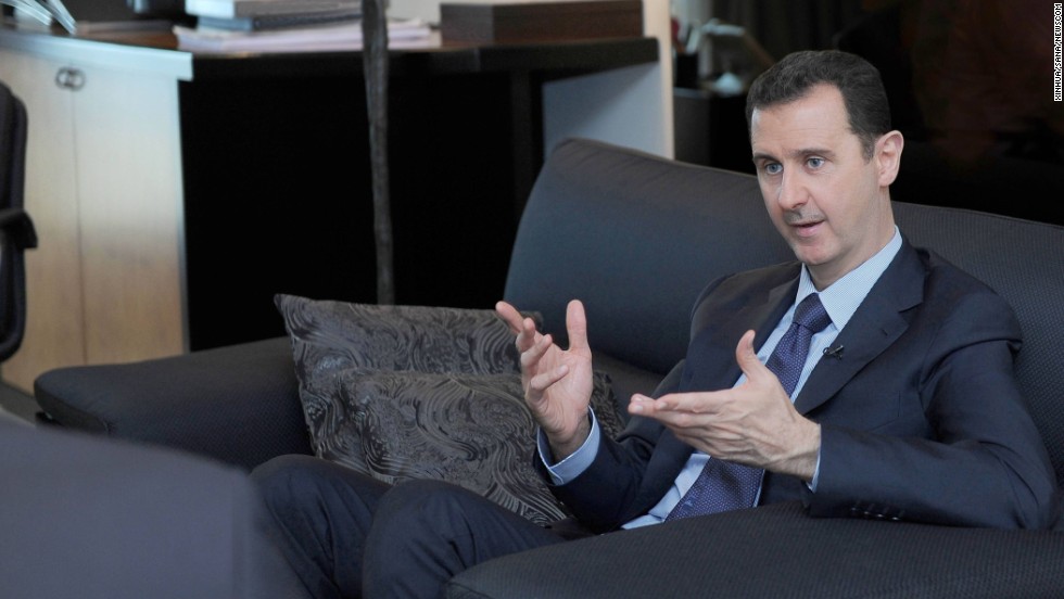 Al-Assad speaks with the Russian newspaper Izvestia in Damascus on August 26, 2013. He told the newspaper that Western accusations that the Syrian government used chemical weapons are an insult to common sense.