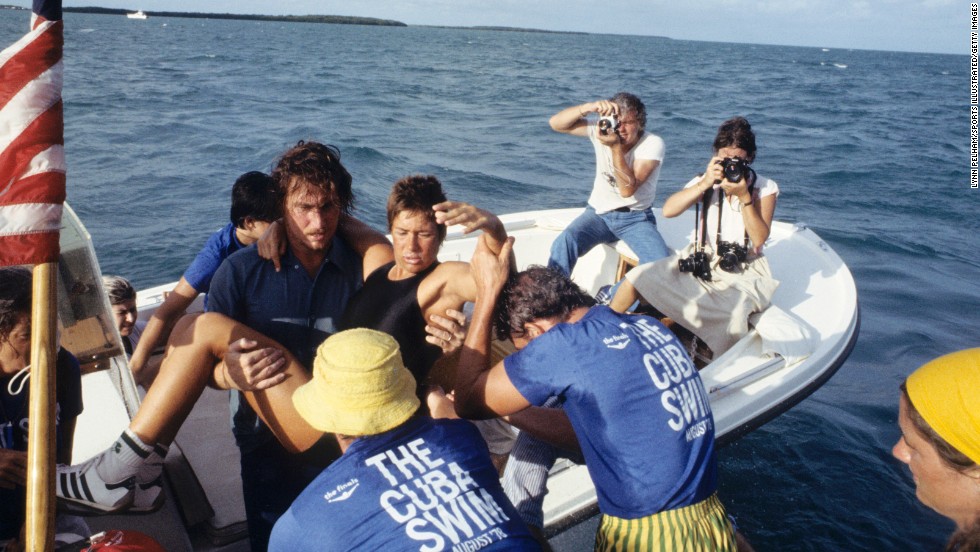 Nyad gets rescued from the water during her 1978 attempt.