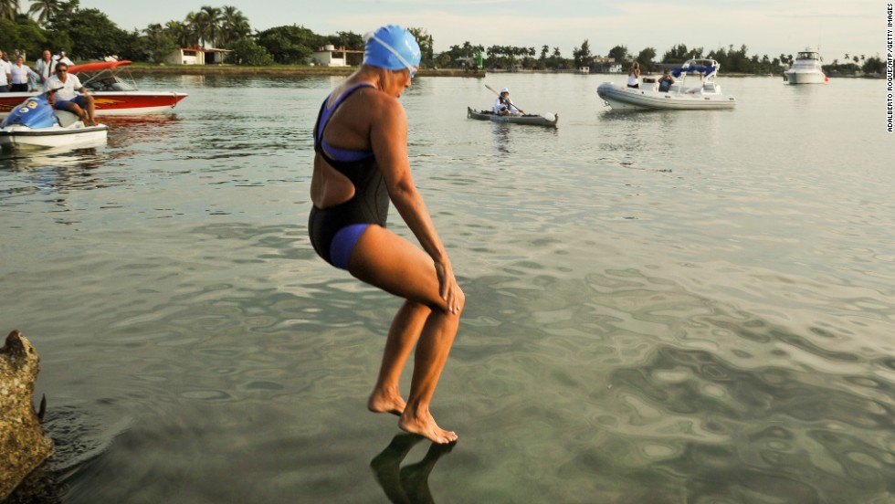 Nyad jumps into the ocean at the Ernest Hemingway Nautical Club in Havana in September 2011. She was making her third attempt.
