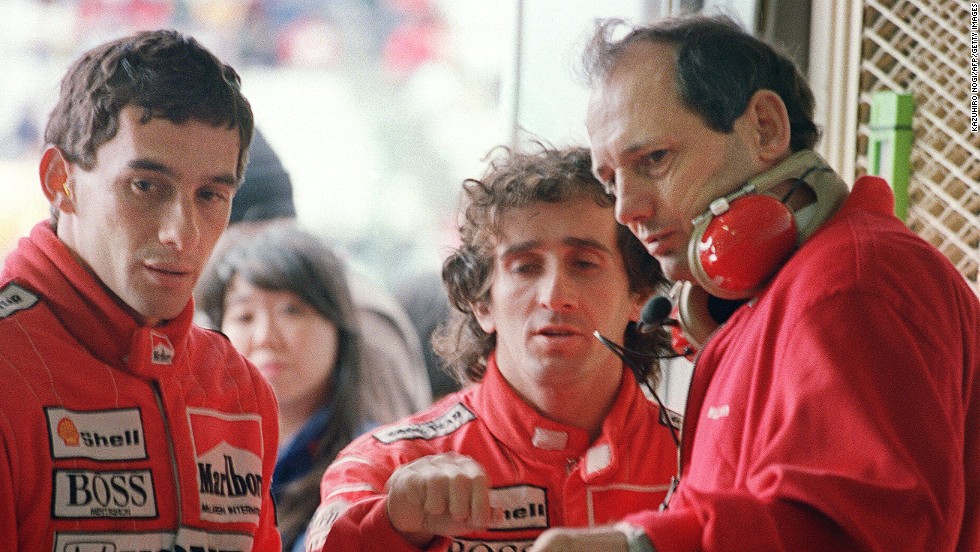 Ayrton Senna (left) and Alain Prost (right) both won multiple world titles with McLaren but team boss Ron Dennis (far right) had to manage a fiery relationship between the rivals when they were paired in the team.