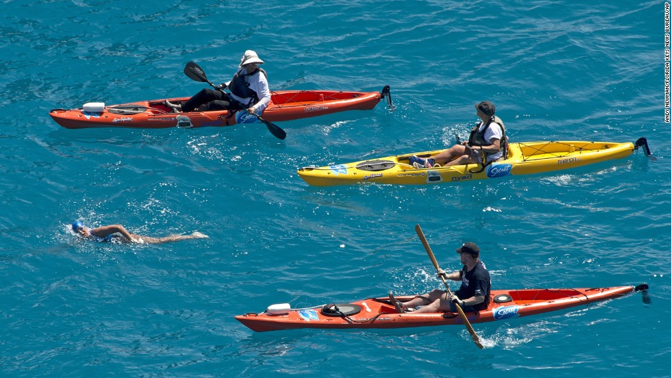 Nyad is escorted by kayakers two miles off the coast of Key West, Florida, on Monday, September 2.