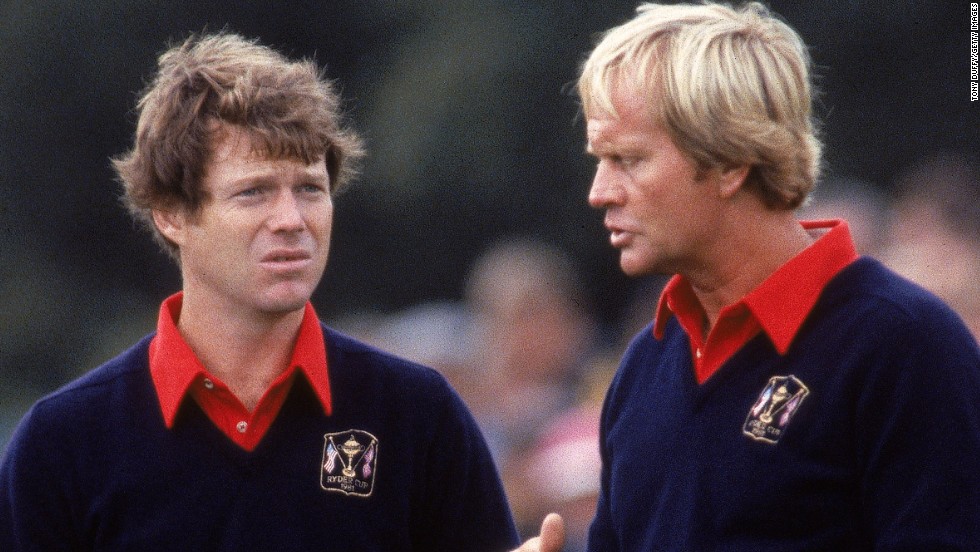 Legends paired: Watson and Jack Nicklaus share some time at the 1981 Ryder Cup at Walton Heath, which saw a crushing victory for a powerful United States team. 