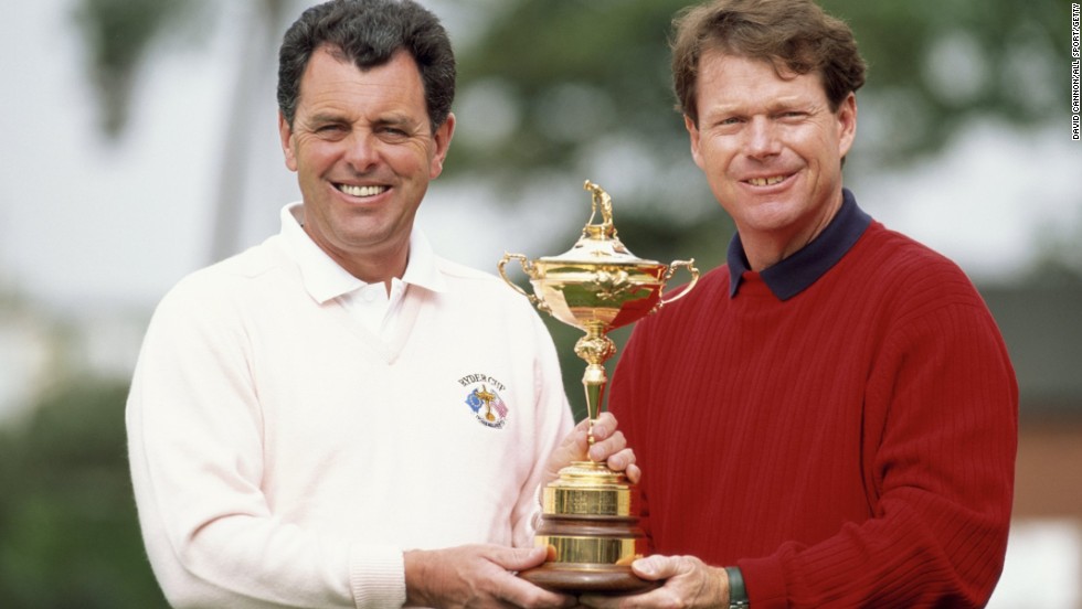 1993 Ryder Cup captains Bernard Gallacher, left, and Watson parade the trophy before the match at The Belfry, which was won by the U.S. team.