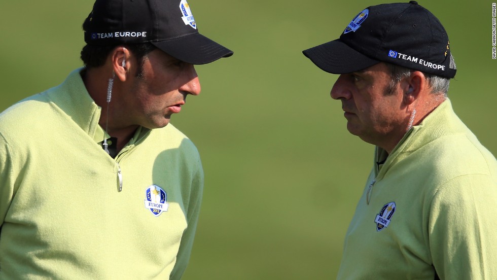 2012 European captain Jose Maria Olazabal, left, discusses tactics with his assistant McGinley during the match at Medinah, where the U.S. collapsed to lose on the final day. 