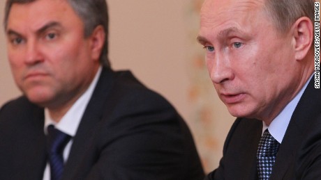 Russian President Vladimir Putin speaks as his Depyuty Chief of Staff Vyacheslav Volodin (left) looks on during a meeting in 2013.