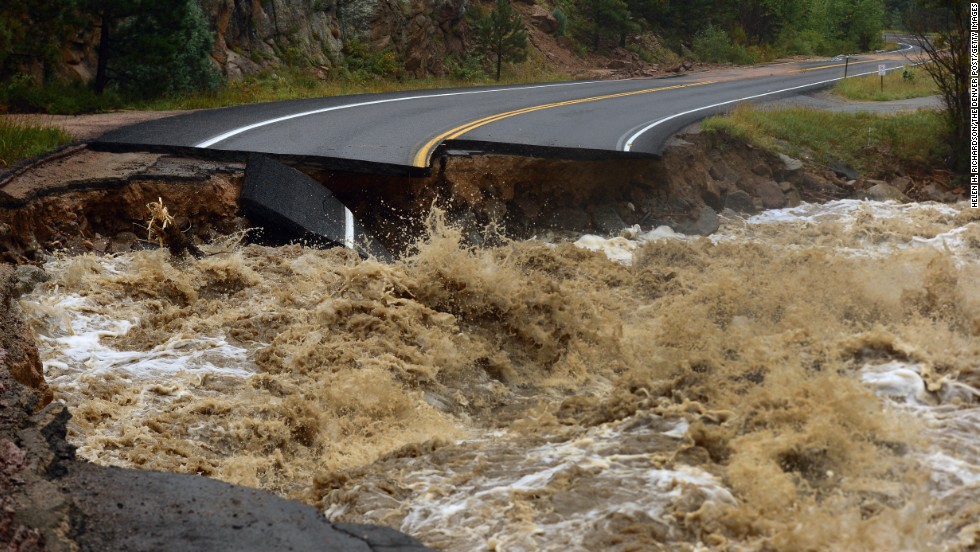 Highway 7 is completely blown out from the South St. Vrain River as a torrent of raging water rips through it about 12 miles west of Lyons on Thursday, September 12.